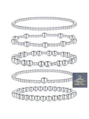 Platinum Plated Beaded Bracelet Set Stretch Elastic Stackable